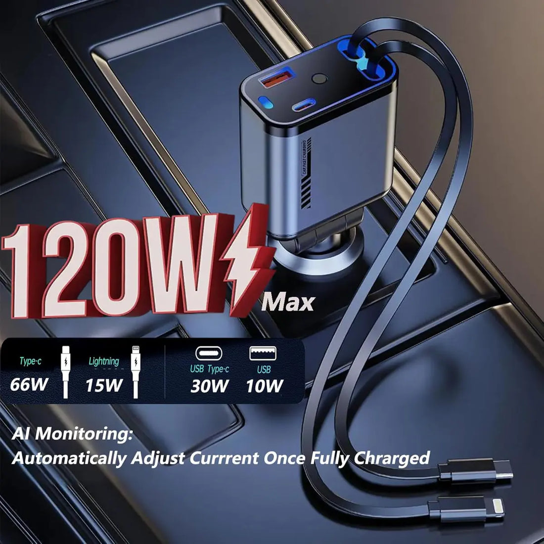 120W Retractable Car Charger with 4-in-1 Cable & Star Light Projection