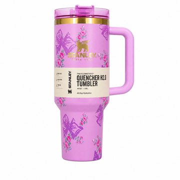 40oz Stanley Quencher Tumbler with Handle & Lid – Pink Butterfly Design