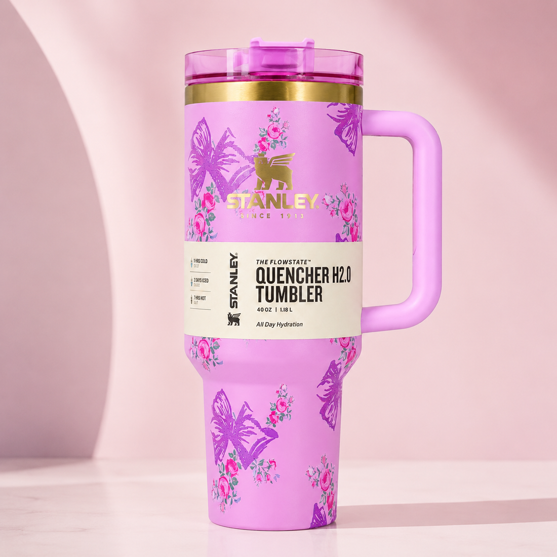 40oz Stanley Quencher Tumbler with Handle & Lid – Pink Butterfly Design