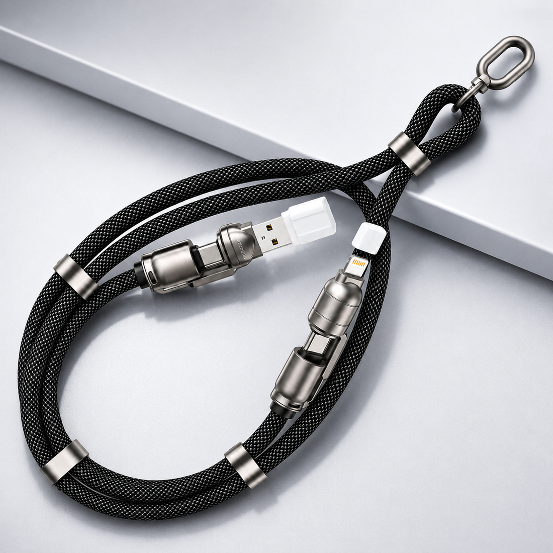 3-in-1 Portable Multi-Connector Charging Cable with Metal Keyring – Black